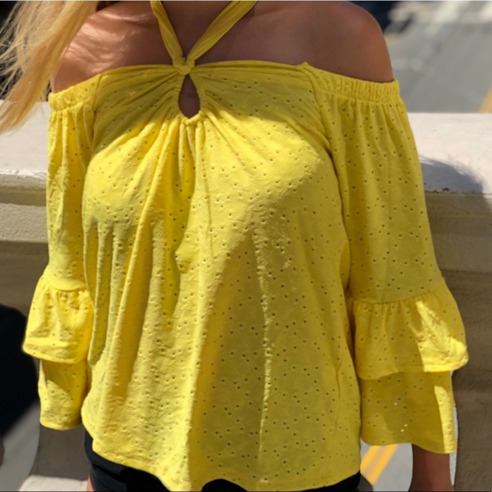 Boston Proper yellow ruffled blouse, eyelet detail